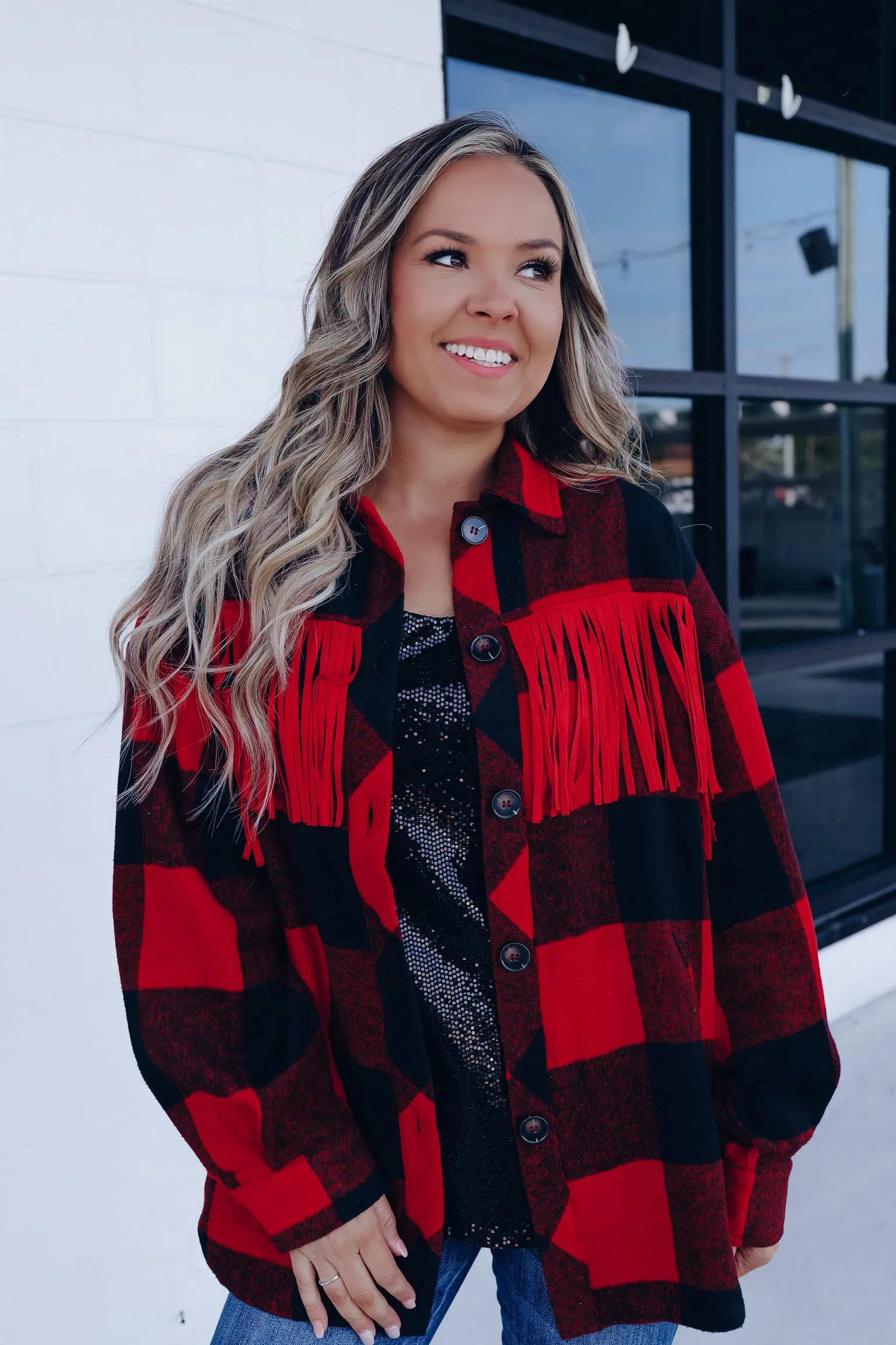 Woodstock Fringe Buffalo Plaid Shacket - Red