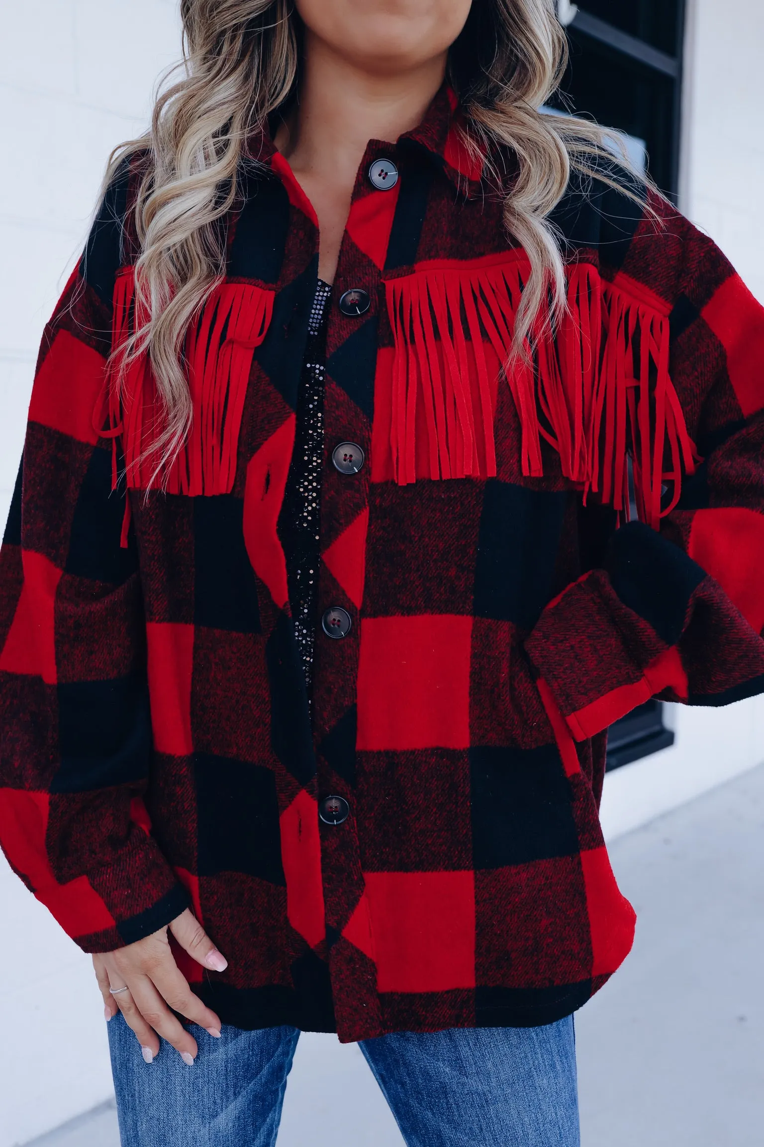 Woodstock Fringe Buffalo Plaid Shacket - Red