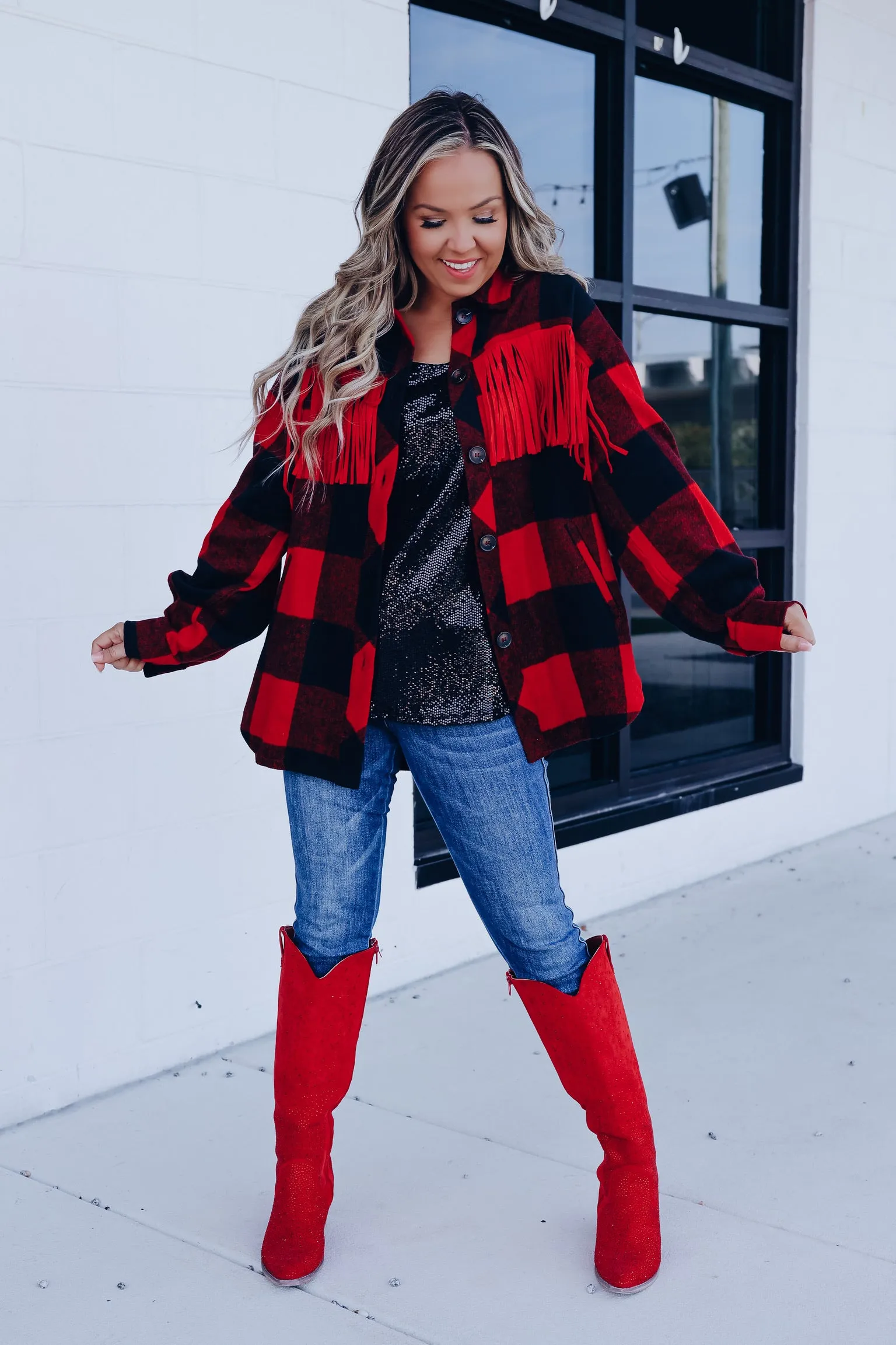 Woodstock Fringe Buffalo Plaid Shacket - Red