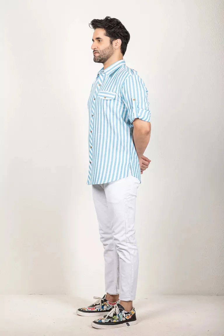 Woven Striped Blue And White Shirt