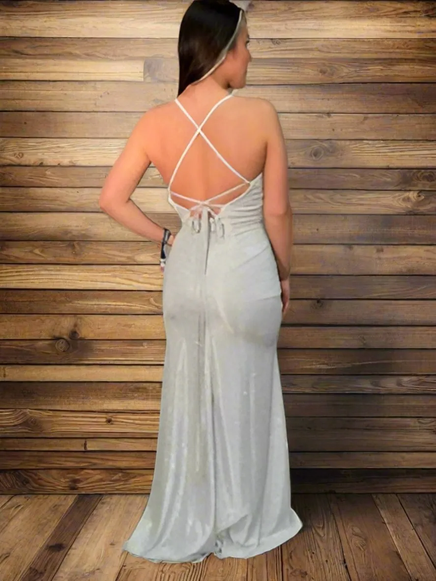 Wrap Strappy Back Metallic Thigh Slit Formal Dress