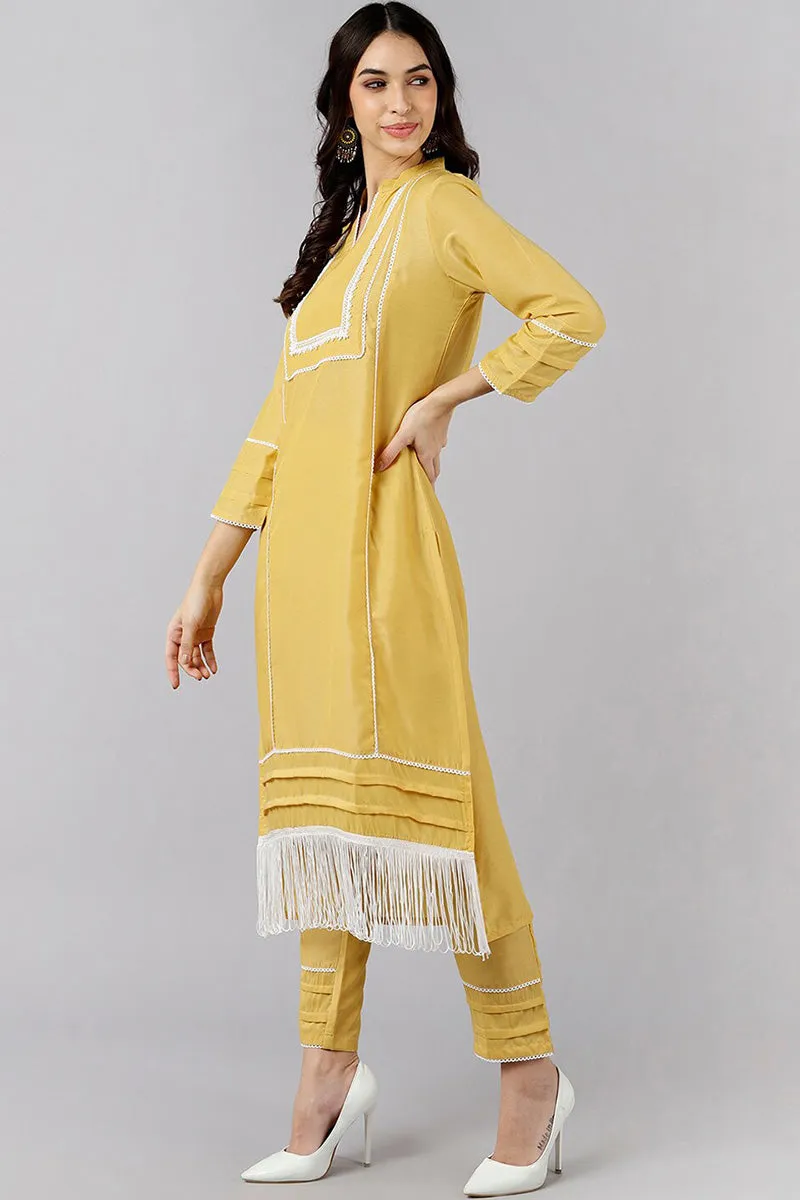 Yellow Poly Silk Solid Straight Kurta Set