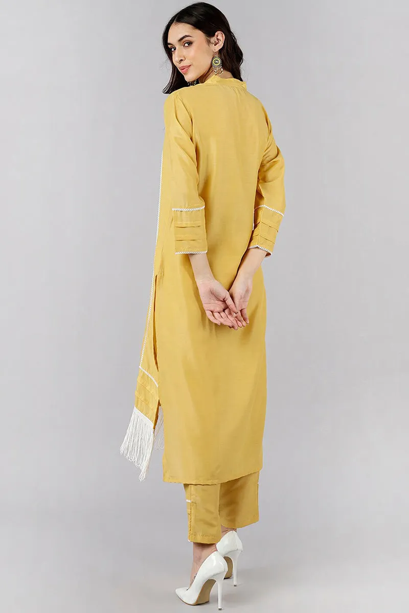 Yellow Poly Silk Solid Straight Kurta Set