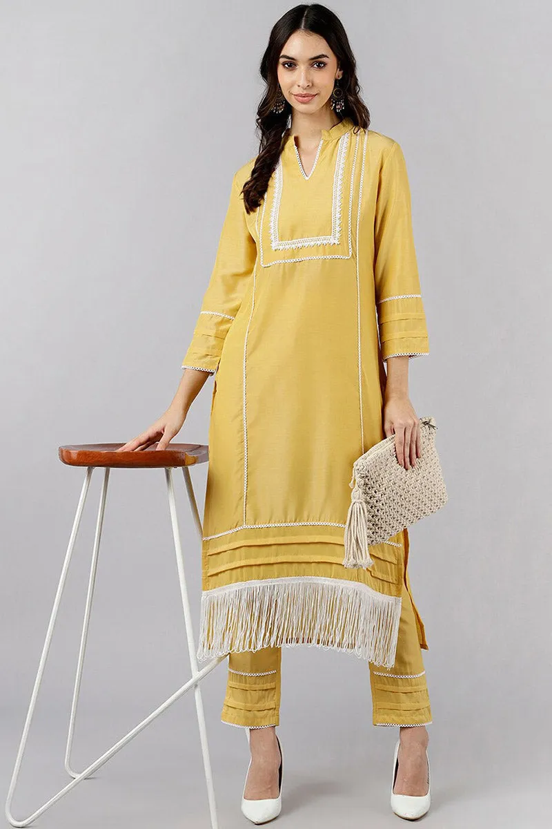 Yellow Poly Silk Solid Straight Kurta Set