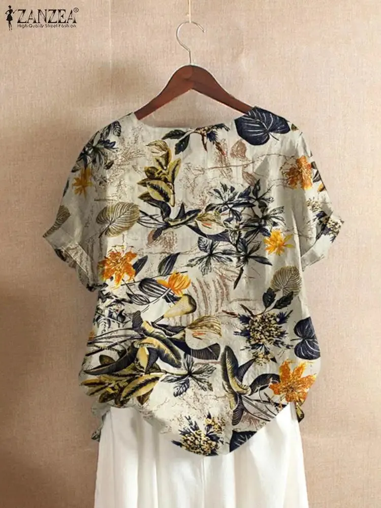 ZANZEA Women Cotton Shirt Fashion Floral Printed Tops Ladies Kaftan Chemise 2024 Summer Short Sleeve Blouses Causal O-neck Tunic